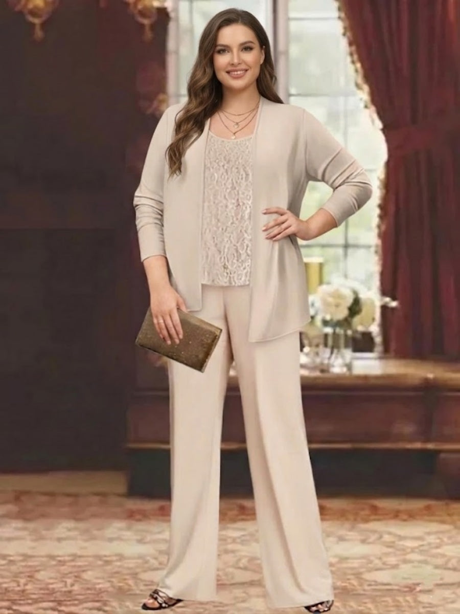 Chiffon Round Neck Floor-Length Plus Size Mother of the Bride Pantsuits with Jacket