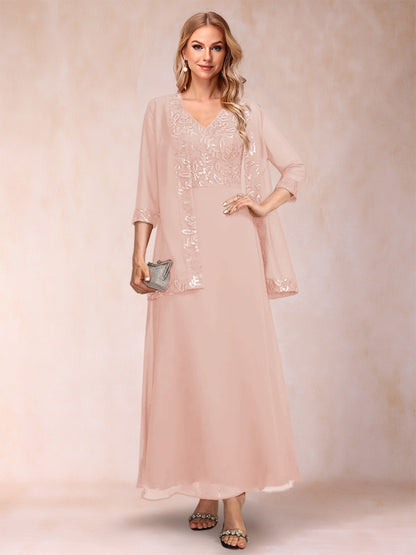 A-Line/Princess V-Neck 3/4 Sleeves 2 Pieces Mother of the Bride Dress with Sequins & Jacket