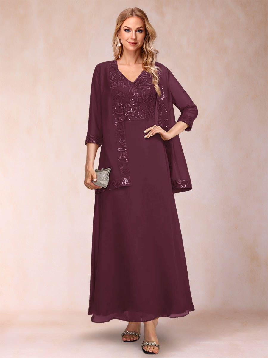 A-Line/Princess V-Neck 3/4 Sleeves 2 Pieces Mother of the Bride Dress with Sequins & Jacket