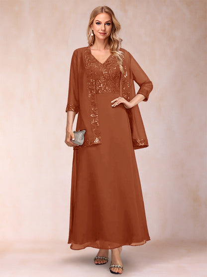 A-Line/Princess V-Neck 3/4 Sleeves 2 Pieces Mother of the Bride Dress with Sequins & Jacket