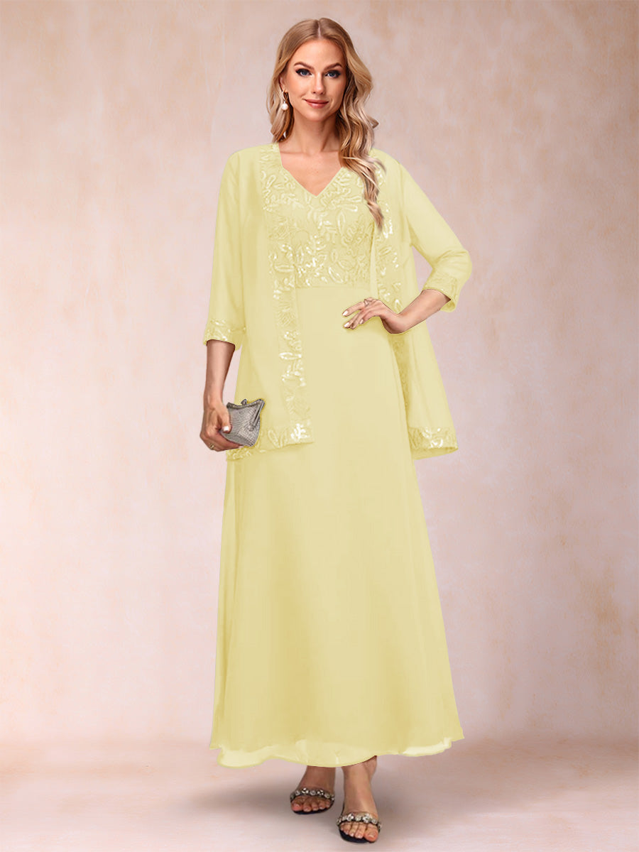 A-Line/Princess V-Neck 3/4 Sleeves 2 Pieces Mother of the Bride Dress with Sequins & Jacket