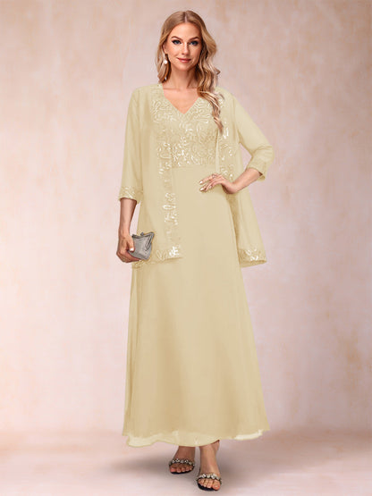 A-Line/Princess V-Neck 3/4 Sleeves 2 Pieces Mother of the Bride Dress with Sequins & Jacket