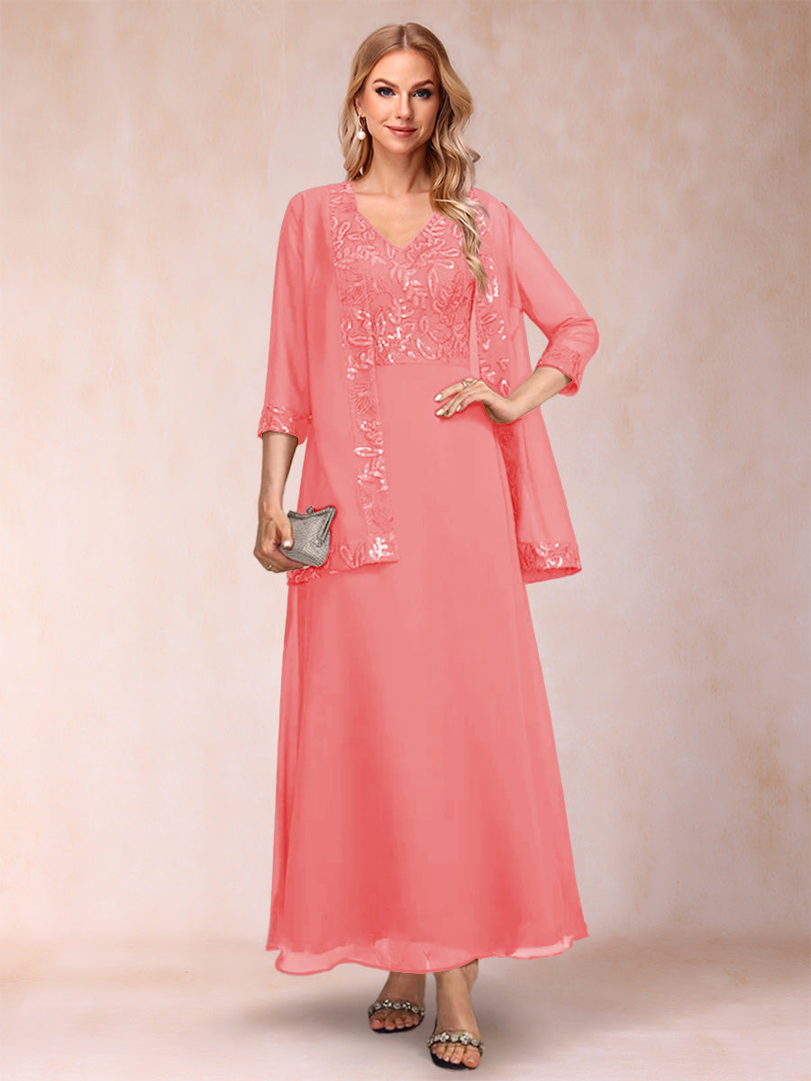 A-Line/Princess V-Neck 3/4 Sleeves 2 Pieces Mother of the Bride Dress with Sequins & Jacket