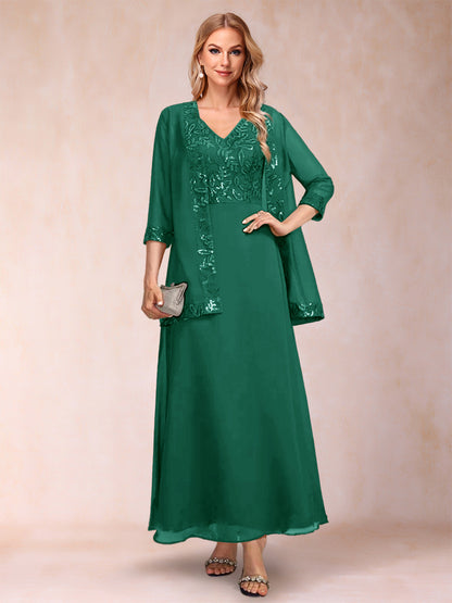 A-Line/Princess V-Neck 3/4 Sleeves 2 Pieces Mother of the Bride Dress with Sequins & Jacket