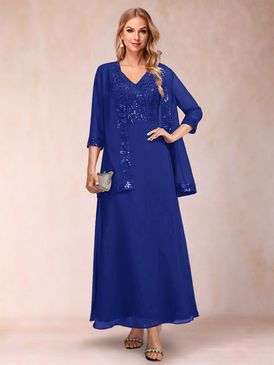 A-Line/Princess V-Neck 3/4 Sleeves 2 Pieces Mother of the Bride Dress with Sequins & Jacket