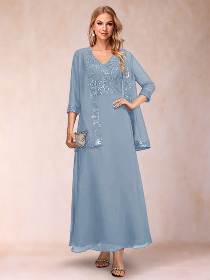 A-Line/Princess V-Neck 3/4 Sleeves 2 Pieces Mother of the Bride Dress with Sequins & Jacket