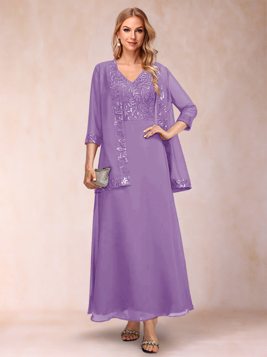 A-Line/Princess V-Neck 3/4 Sleeves 2 Pieces Mother of the Bride Dress with Sequins & Jacket