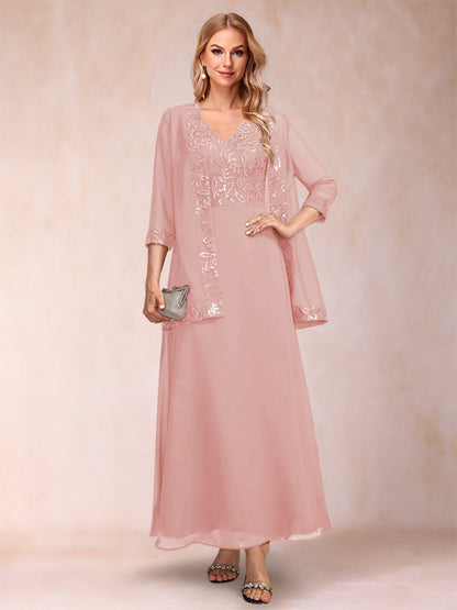 A-Line/Princess V-Neck 3/4 Sleeves 2 Pieces Mother of the Bride Dress with Sequins & Jacket