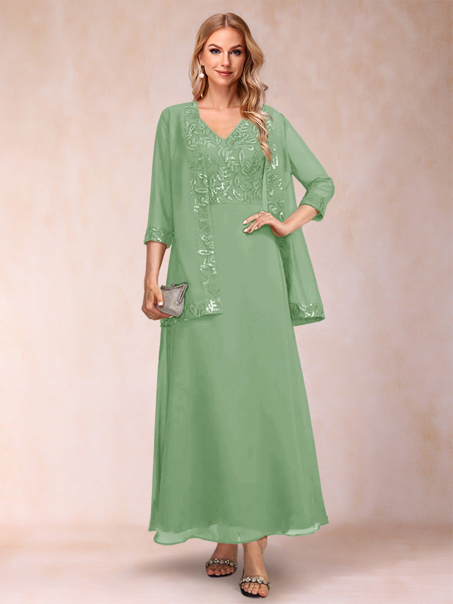 A-Line/Princess V-Neck 3/4 Sleeves 2 Pieces Mother of the Bride Dress with Sequins & Jacket