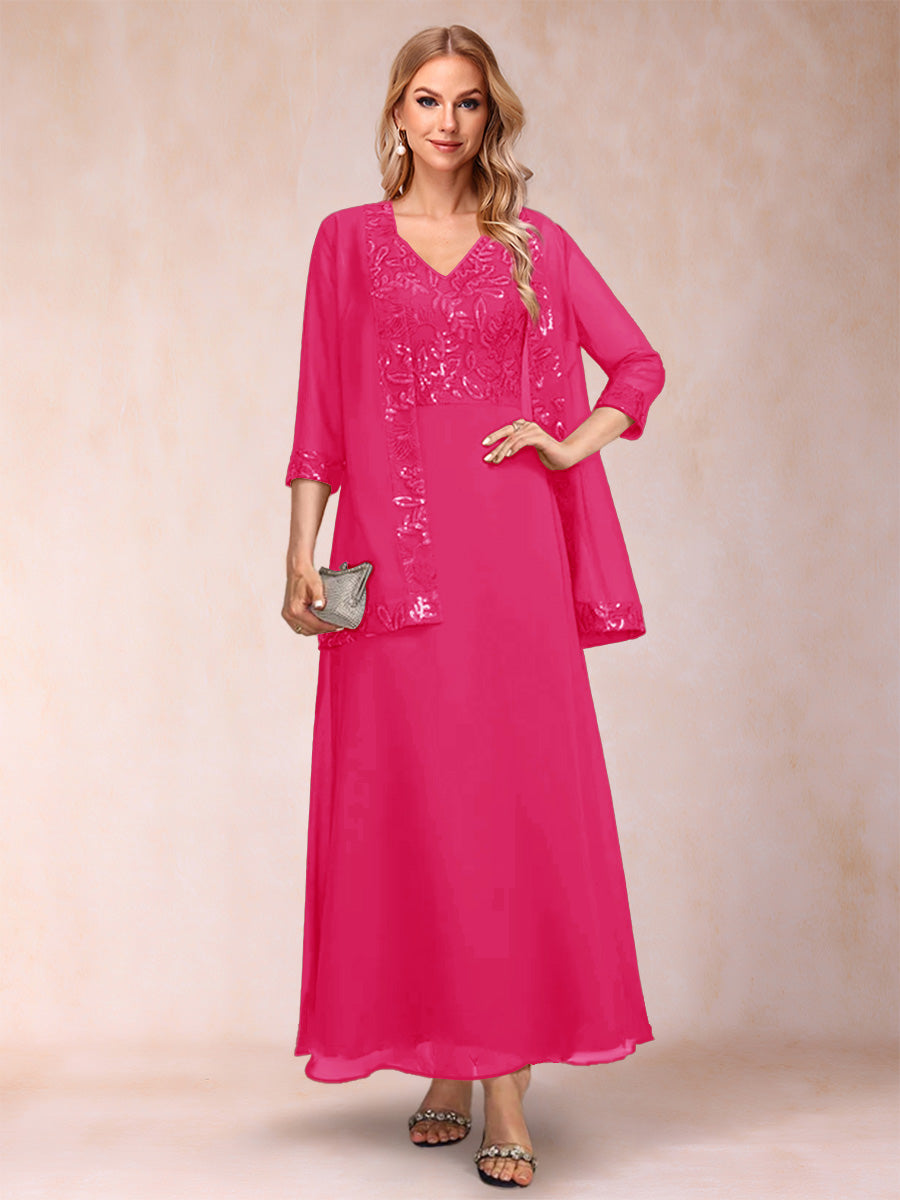 A-Line/Princess V-Neck 3/4 Sleeves 2 Pieces Mother of the Bride Dress with Sequins & Jacket