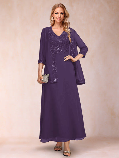 A-Line/Princess V-Neck 3/4 Sleeves 2 Pieces Mother of the Bride Dress with Sequins & Jacket