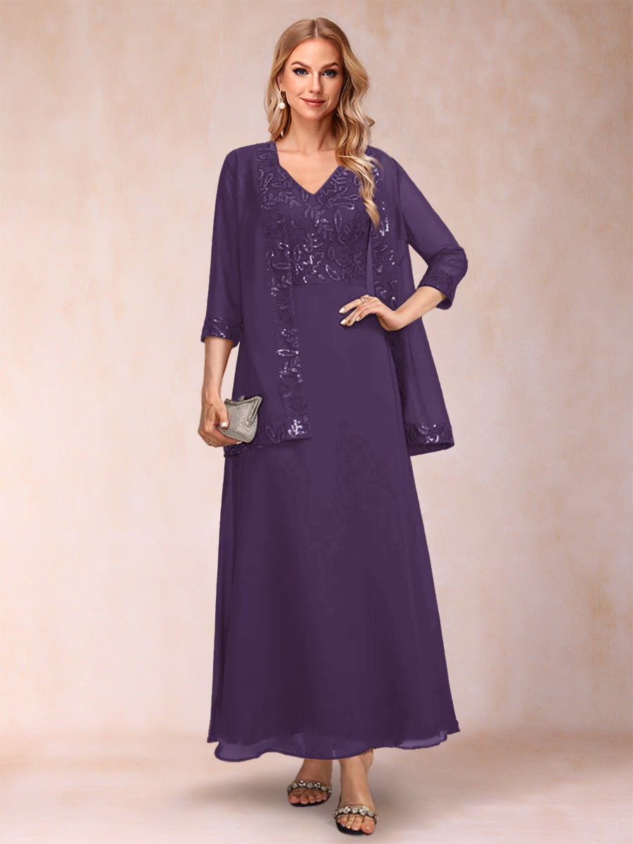 A-Line/Princess V-Neck 3/4 Sleeves 2 Pieces Mother of the Bride Dress with Sequins & Jacket