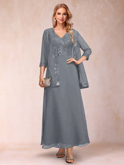 A-Line/Princess V-Neck 3/4 Sleeves 2 Pieces Mother of the Bride Dress with Sequins & Jacket