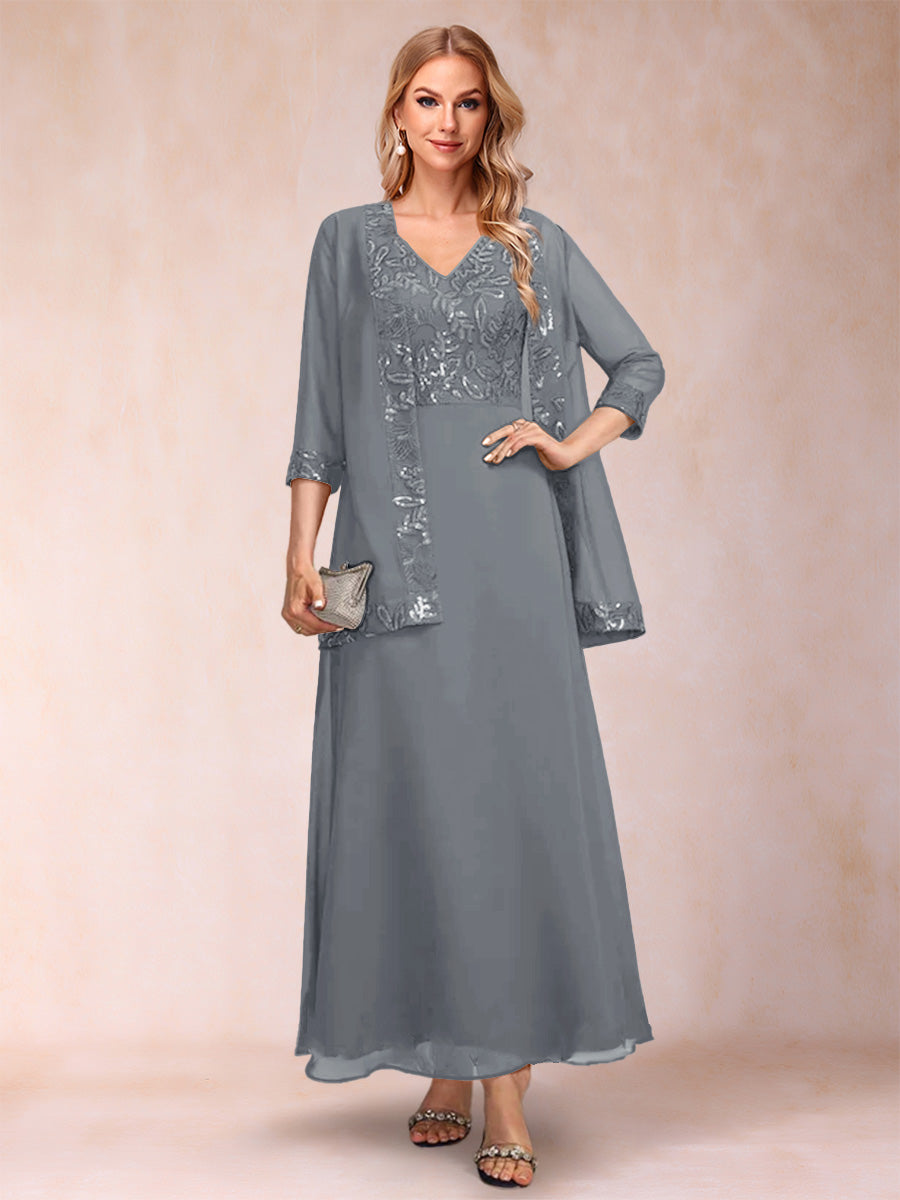 A-Line/Princess V-Neck 3/4 Sleeves 2 Pieces Mother of the Bride Dress with Sequins & Jacket