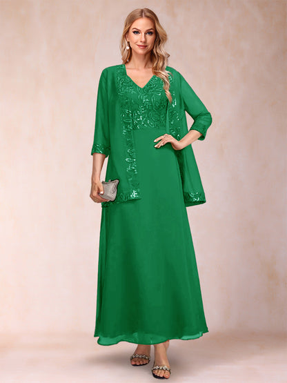 A-Line/Princess V-Neck 3/4 Sleeves 2 Pieces Mother of the Bride Dress with Sequins & Jacket