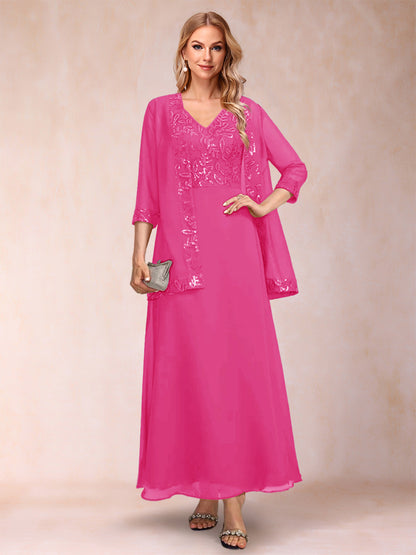 A-Line/Princess V-Neck 3/4 Sleeves 2 Pieces Mother of the Bride Dress with Sequins & Jacket