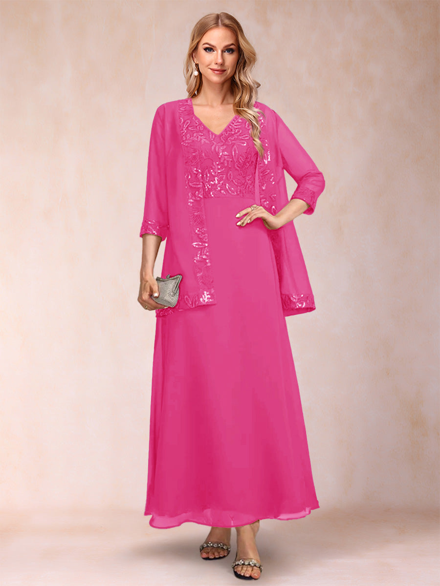 A-Line/Princess V-Neck 3/4 Sleeves 2 Pieces Mother of the Bride Dress with Sequins & Jacket