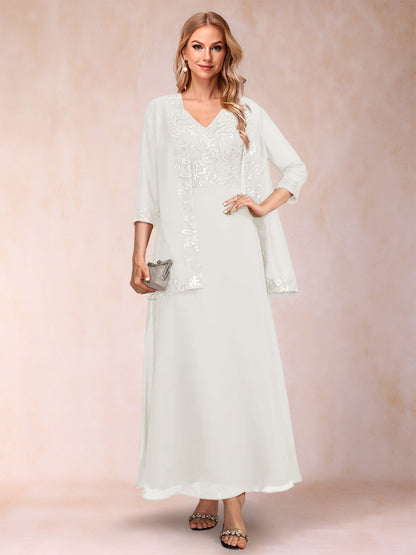 A-Line/Princess V-Neck 3/4 Sleeves 2 Pieces Mother of the Bride Dress with Sequins & Jacket