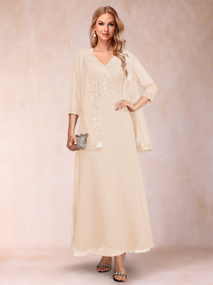 A-Line/Princess V-Neck 3/4 Sleeves 2 Pieces Mother of the Bride Dress with Sequins & Jacket