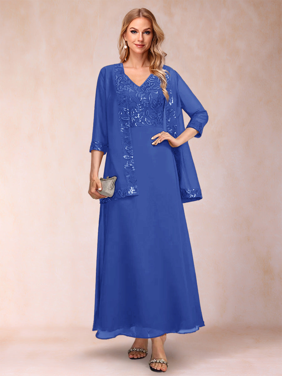 A-Line/Princess V-Neck 3/4 Sleeves 2 Pieces Mother of the Bride Dress with Sequins & Jacket