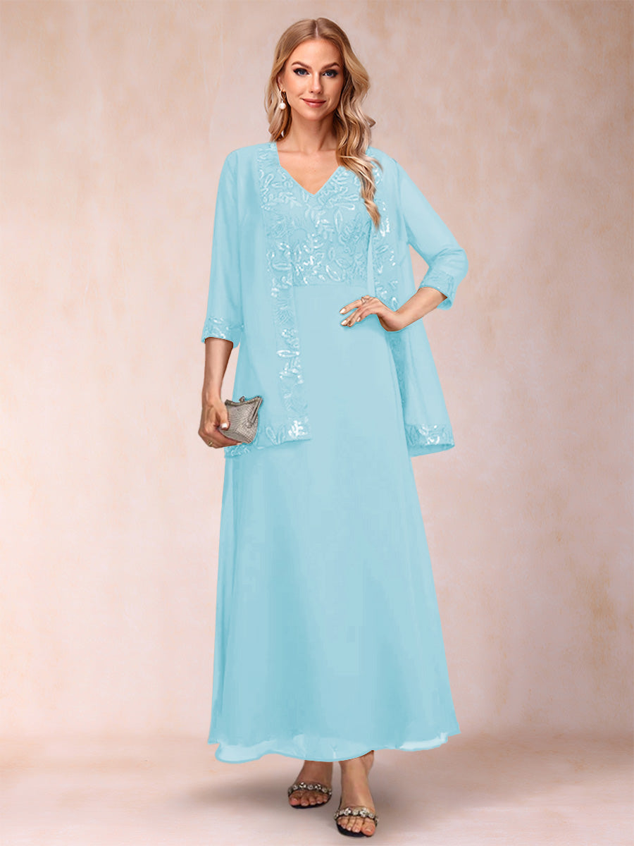 A-Line/Princess V-Neck 3/4 Sleeves 2 Pieces Mother of the Bride Dress with Sequins & Jacket