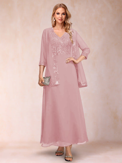 A-Line/Princess V-Neck 3/4 Sleeves 2 Pieces Mother of the Bride Dress with Sequins & Jacket