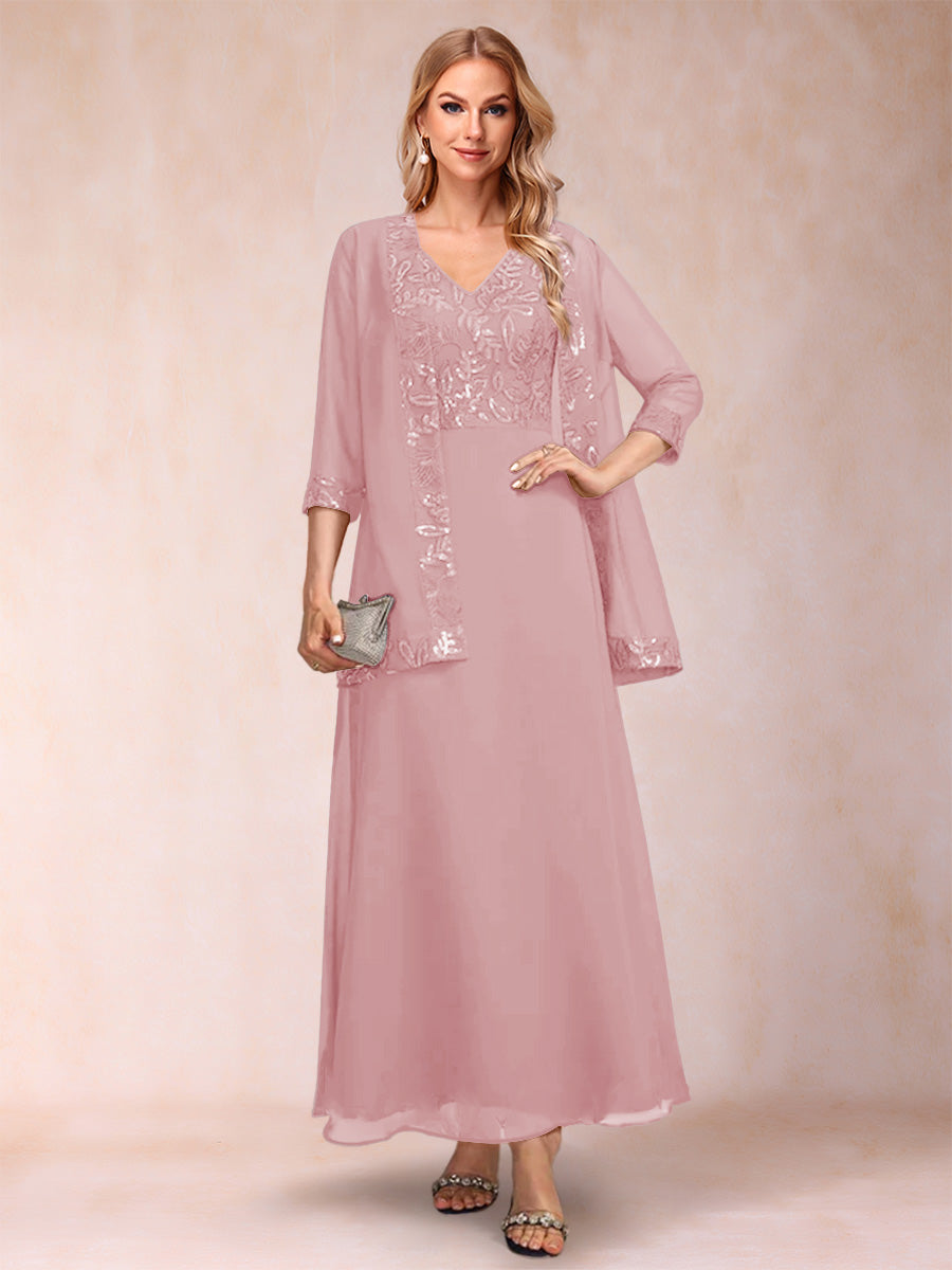 A-Line/Princess V-Neck 3/4 Sleeves 2 Pieces Mother of the Bride Dress with Sequins & Jacket