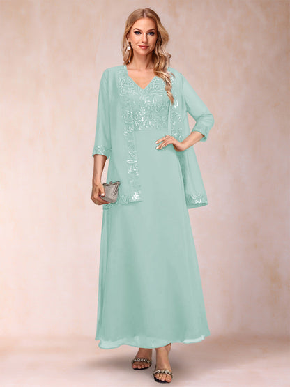A-Line/Princess V-Neck 3/4 Sleeves 2 Pieces Mother of the Bride Dress with Sequins & Jacket