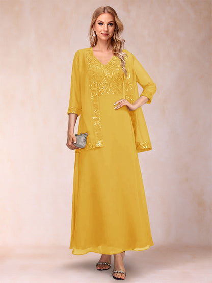 A-Line/Princess V-Neck 3/4 Sleeves 2 Pieces Mother of the Bride Dress with Sequins & Jacket
