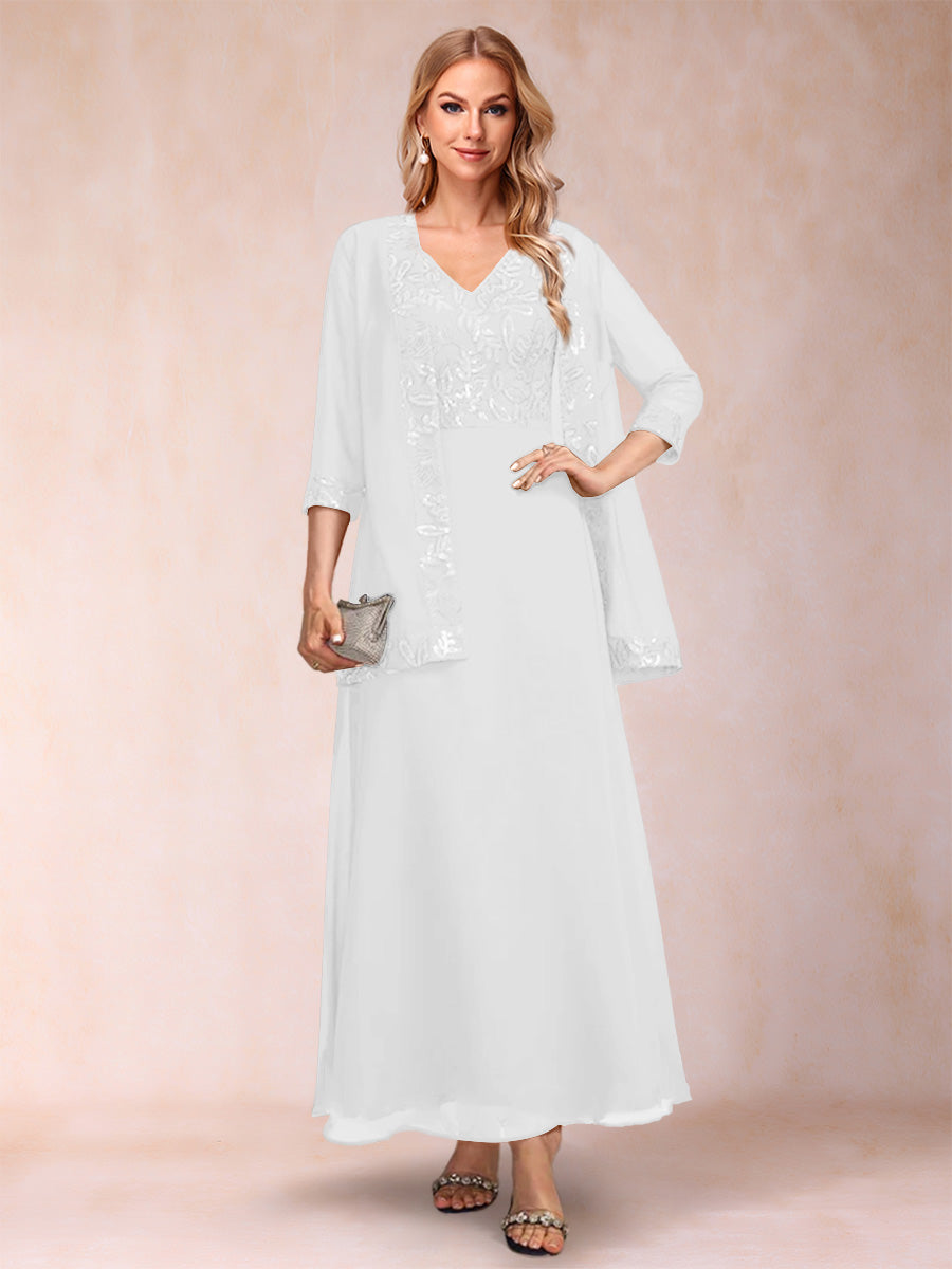 A-Line/Princess V-Neck 3/4 Sleeves 2 Pieces Mother of the Bride Dress with Sequins & Jacket