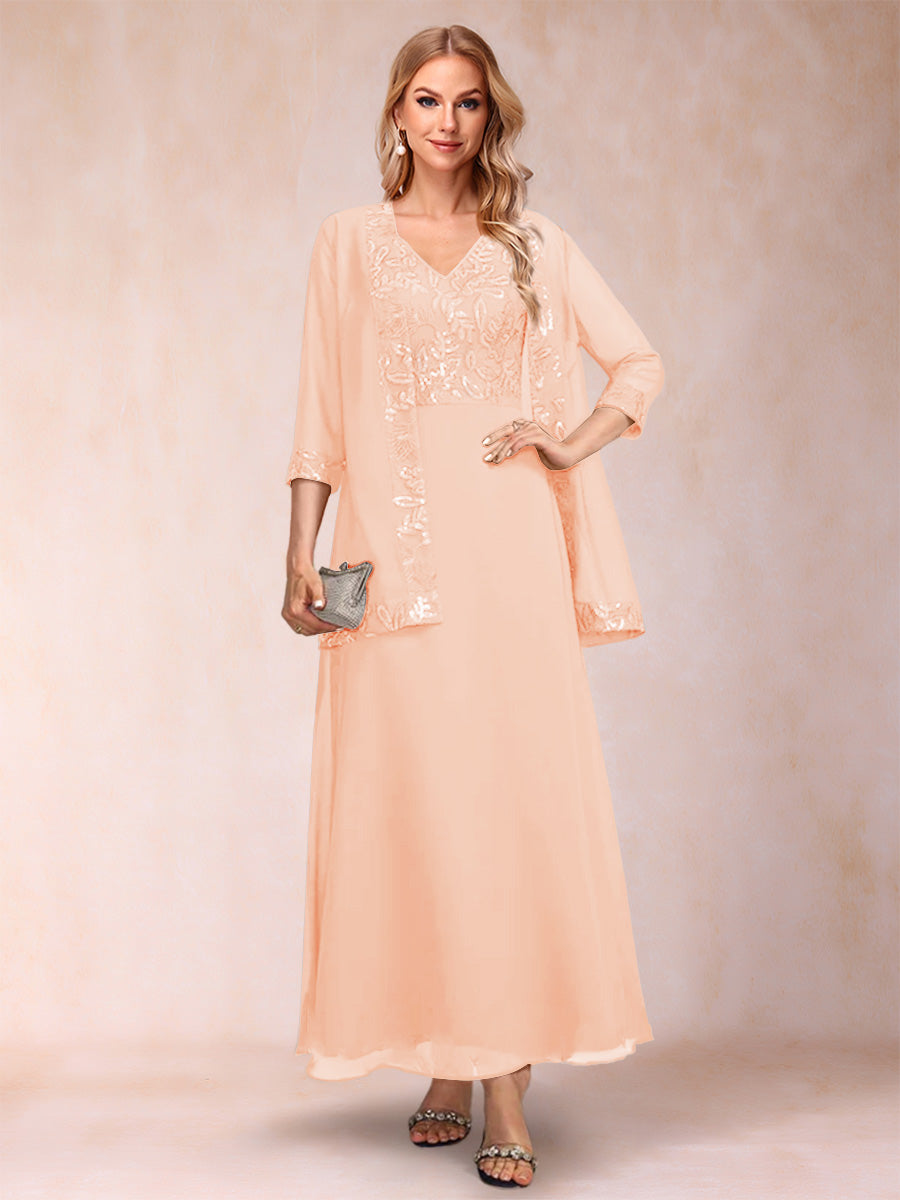 A-Line/Princess V-Neck 3/4 Sleeves 2 Pieces Mother of the Bride Dress with Sequins & Jacket