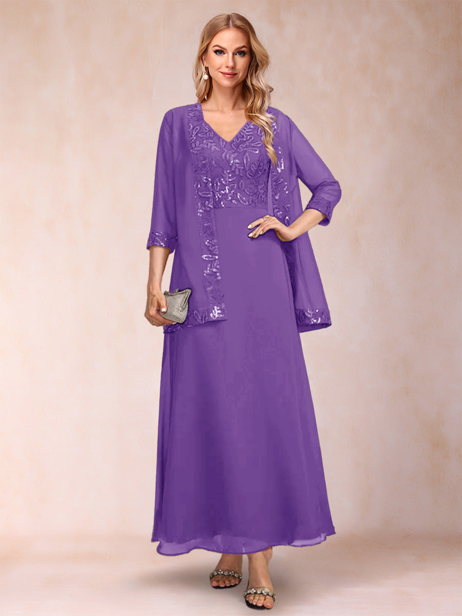 A-Line/Princess V-Neck 3/4 Sleeves 2 Pieces Mother of the Bride Dress with Sequins & Jacket