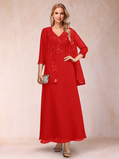 A-Line/Princess V-Neck 3/4 Sleeves 2 Pieces Mother of the Bride Dress with Sequins & Jacket