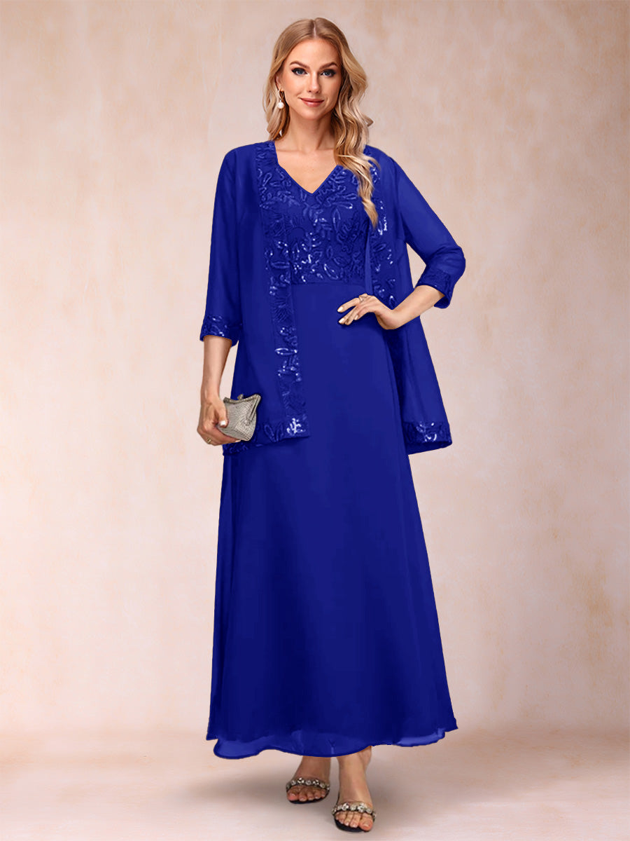 A-Line/Princess V-Neck 3/4 Sleeves 2 Pieces Mother of the Bride Dress with Sequins & Jacket