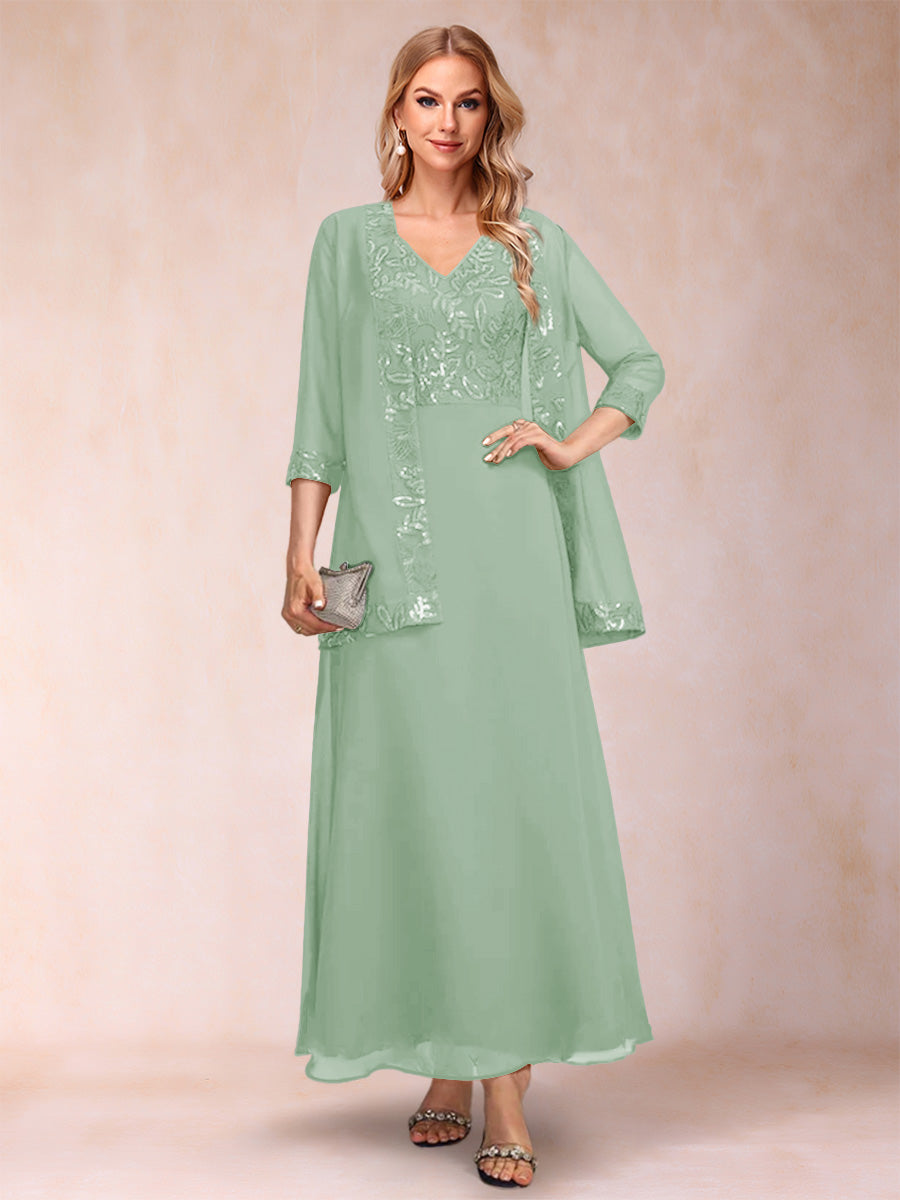 A-Line/Princess V-Neck 3/4 Sleeves 2 Pieces Mother of the Bride Dress with Sequins & Jacket