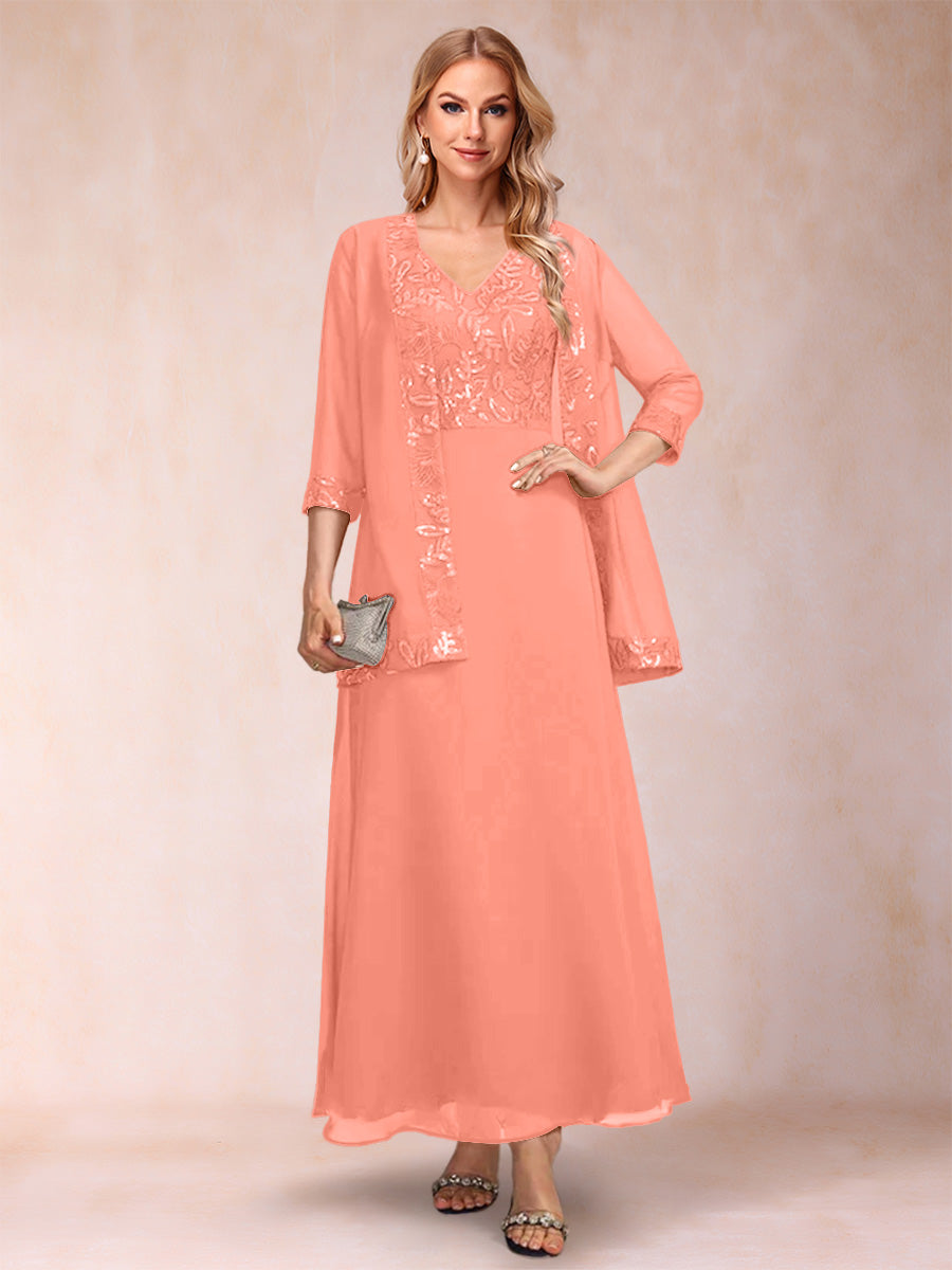 A-Line/Princess V-Neck 3/4 Sleeves 2 Pieces Mother of the Bride Dress with Sequins & Jacket