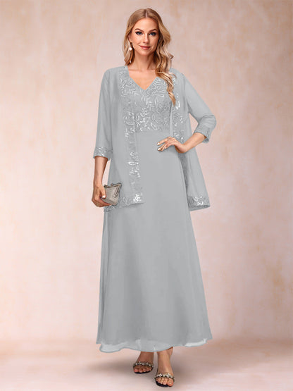 A-Line/Princess V-Neck 3/4 Sleeves 2 Pieces Mother of the Bride Dress with Sequins & Jacket