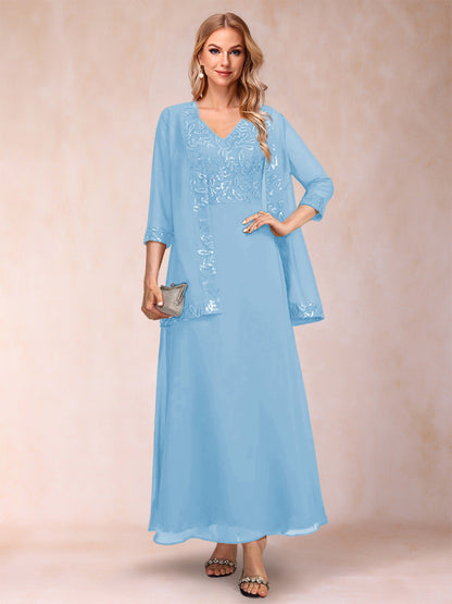 A-Line/Princess V-Neck 3/4 Sleeves 2 Pieces Mother of the Bride Dress with Sequins & Jacket