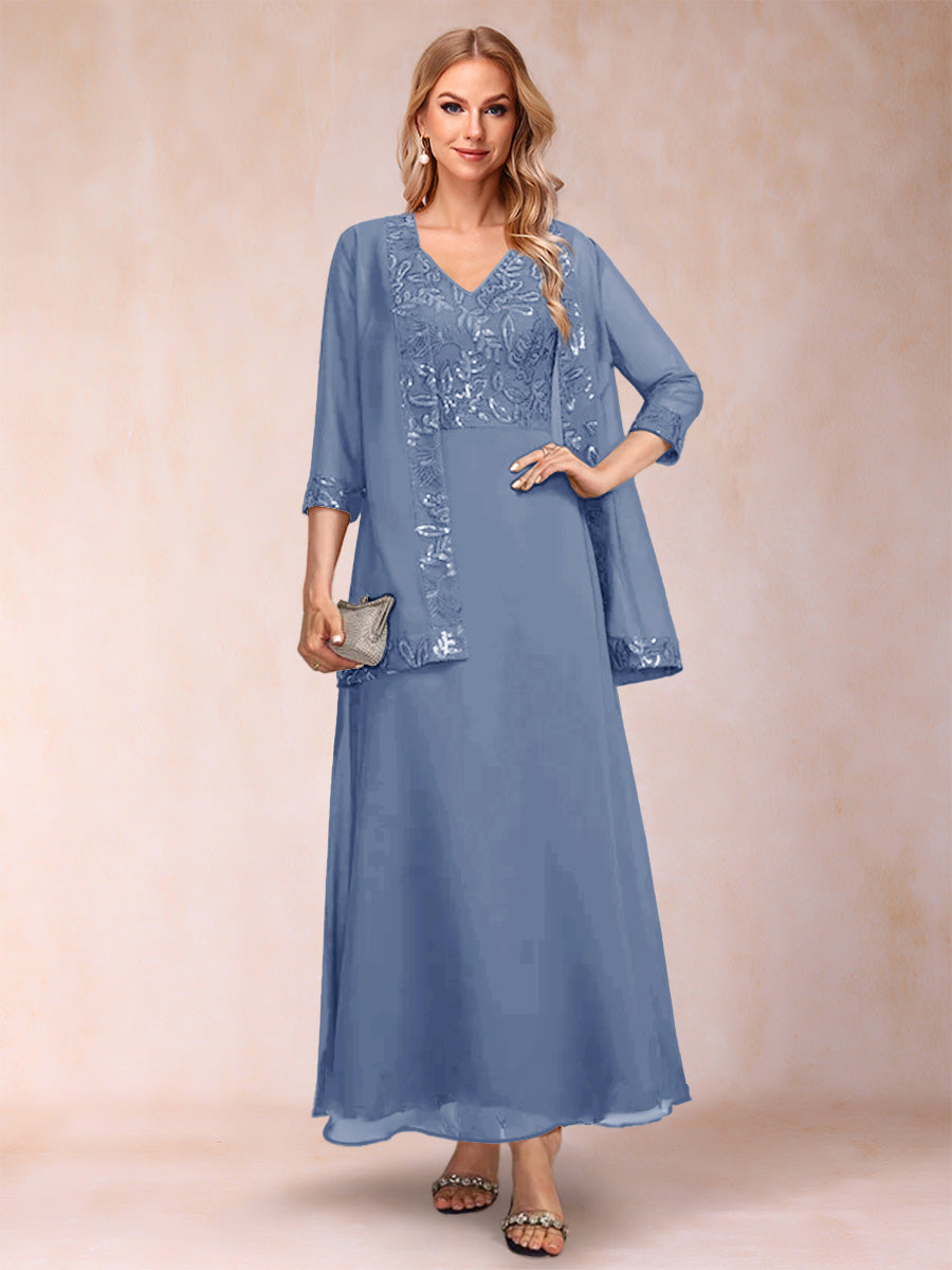 A-Line/Princess V-Neck 3/4 Sleeves 2 Pieces Mother of the Bride Dress with Sequins & Jacket