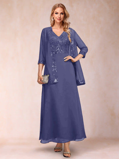 A-Line/Princess V-Neck 3/4 Sleeves 2 Pieces Mother of the Bride Dress with Sequins & Jacket