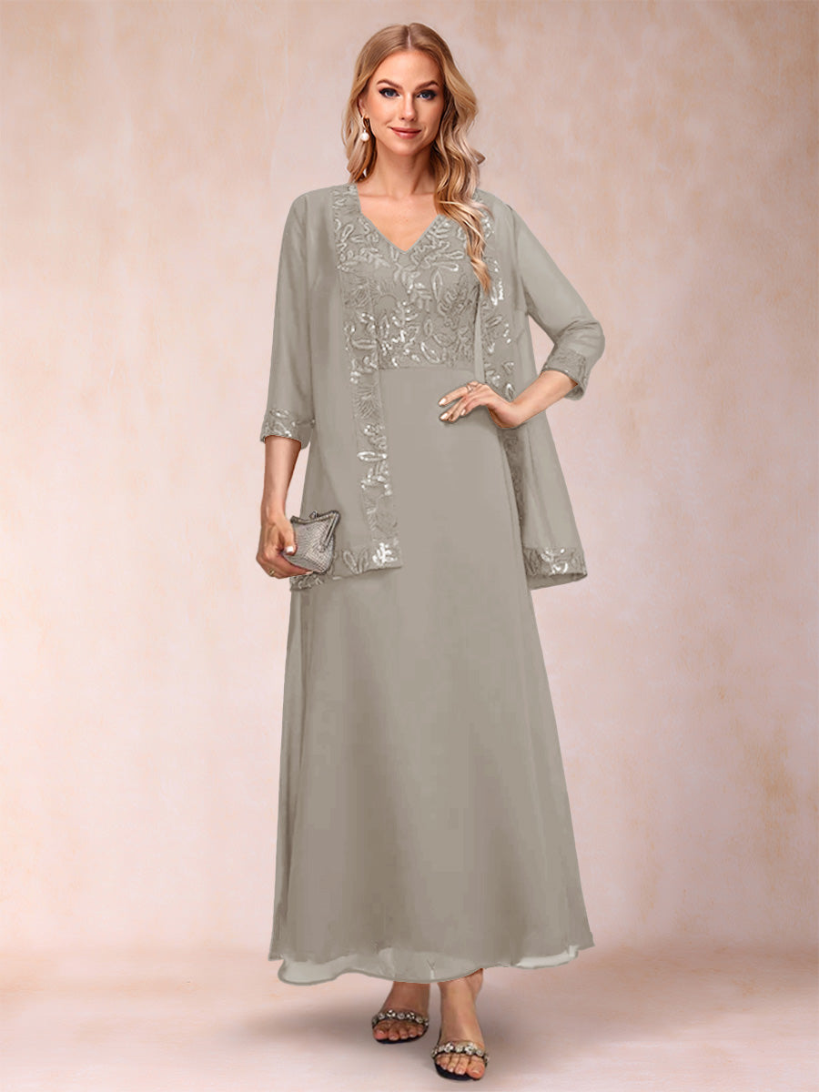 A-Line/Princess V-Neck 3/4 Sleeves 2 Pieces Mother of the Bride Dress with Sequins & Jacket