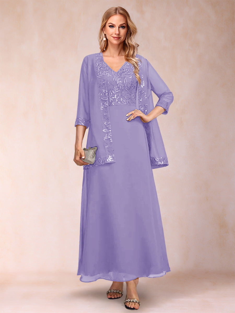 A-Line/Princess V-Neck 3/4 Sleeves 2 Pieces Mother of the Bride Dress with Sequins & Jacket