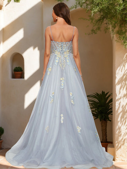 Ball Gown Spaghetti Straps Sleeveless Prom Dresses with Applique