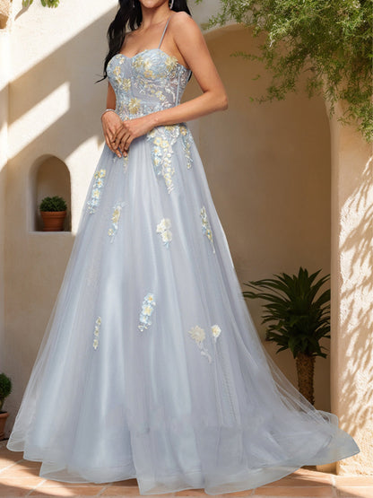 Ball Gown Spaghetti Straps Sleeveless Prom Dresses with Applique