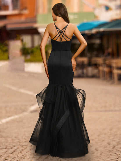 Trumpet/Mermaid V-Neck Sleeveless Tiered Prom Dresses