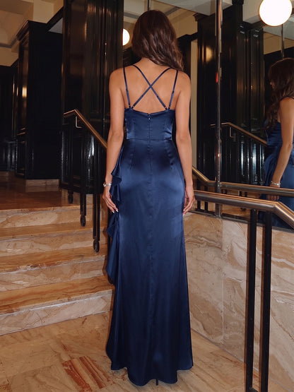 Sheath/Column Scoop Sleeveless Evening Dresses With Ruffles & Split Side
