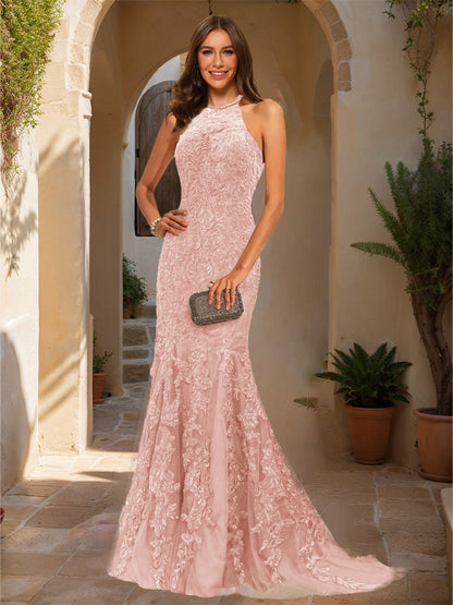 Trumpet/Mermaid Halter Sleeveless Applique Prom Dresses