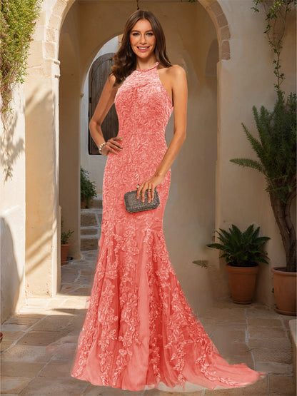 Trumpet/Mermaid Halter Sleeveless Applique Prom Dresses