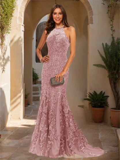 Trumpet/Mermaid Halter Sleeveless Applique Prom Dresses