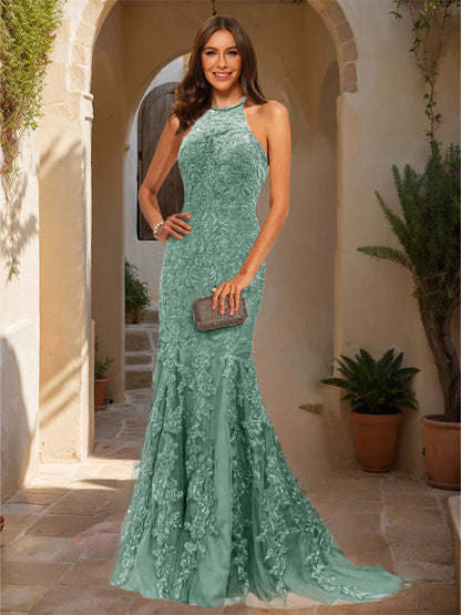 Trumpet/Mermaid Halter Sleeveless Applique Prom Dresses